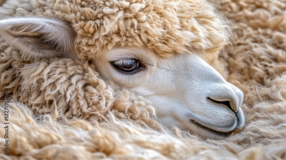 Close-Up of Adorable Fluffy Alpaca Resting on Soft Fur Blanket Close-Up of Adorable Fluffy Alpaca Resting on Soft Fur Blanket