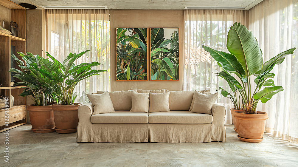Fototapeta premium A tropical-inspired living room filled with large potted plants, offering a refreshing ambiance. The beige linen sofa complements the natural feel, and sheer curtains allow plenty of sunlight to pour 