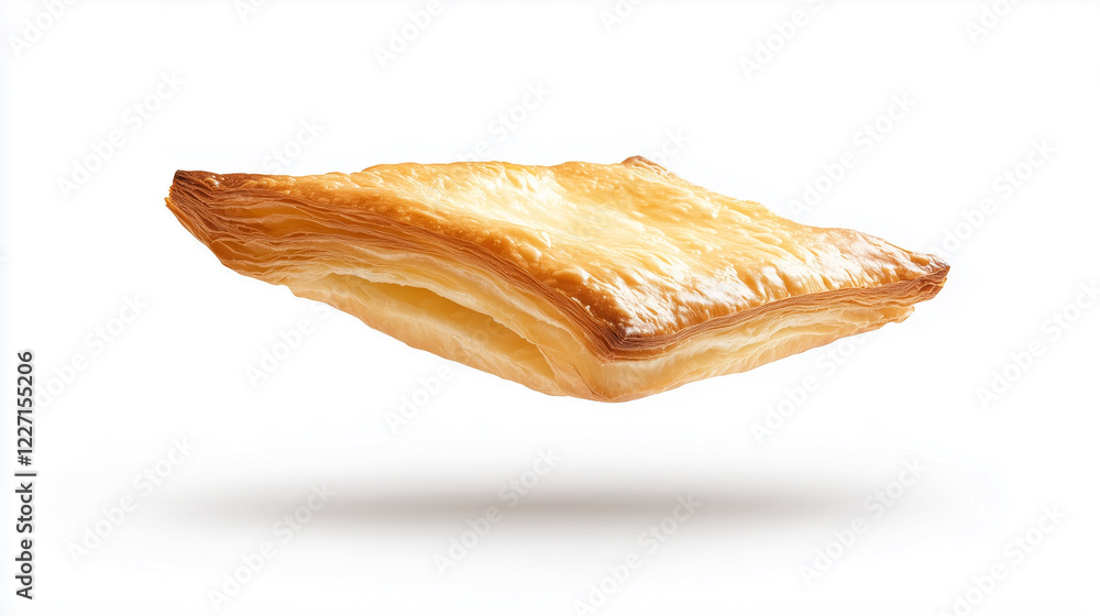 Crispy and golden butter puff pastry soaring in mid-air, Isolated on a white background Crispy and golden butter puff pastry soaring in mid-air, Isolated on a white background