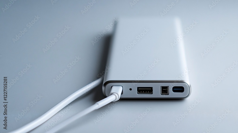 White power bank charging on desk, cables connected White power bank charging on desk, cables connected