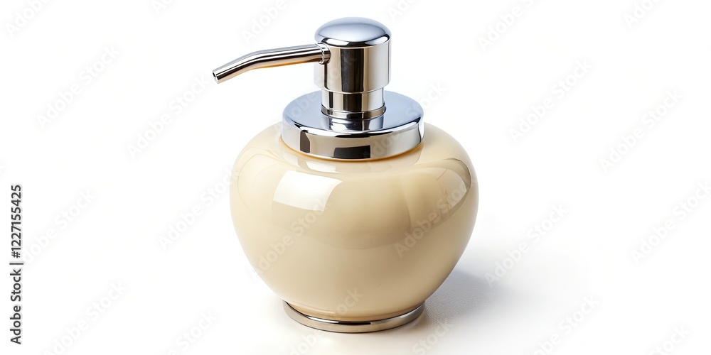 Fototapeta premium Elegant Cream Ceramic Soap Dispenser with Chrome Pump - Modern Bathroom Accessory