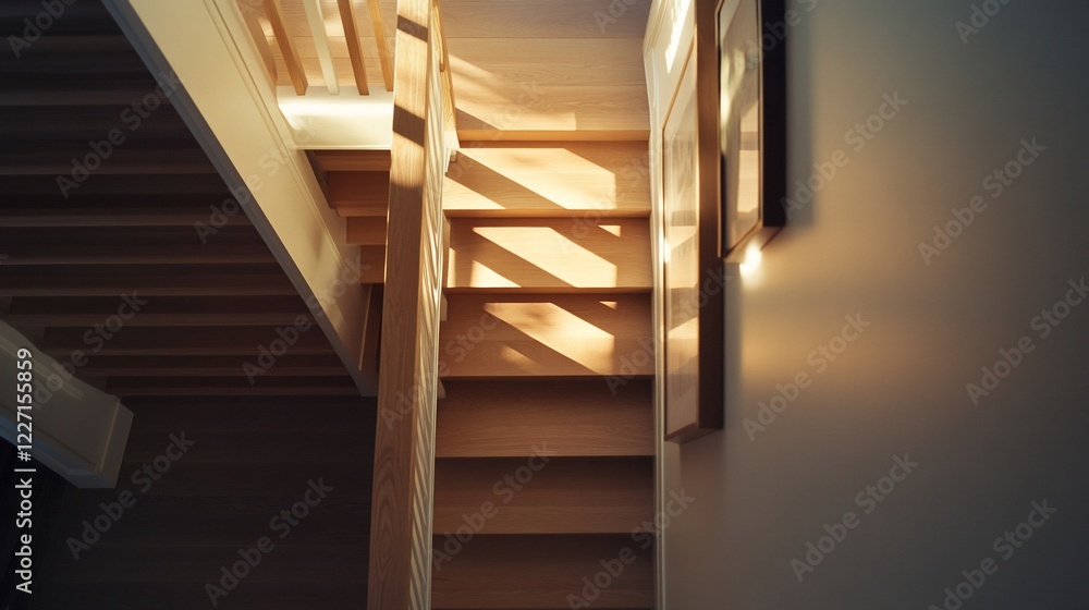 Obraz premium Sunlit wooden staircase, home interior, wall art, architectural detail, real estate