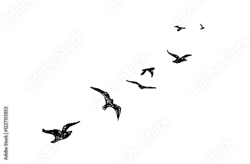 Silhouette of birds flying away. Shadow of flock of birds flying high in the sky drawn with wax pencil or pastel. Graphic element written with black charcoal pen. Vector illustration of simple bird. photo