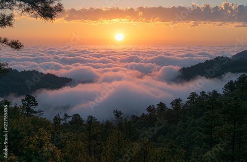 View from an overlook of rolling hills at sunrise near Cheaha Mountain in Alabama, USA photo