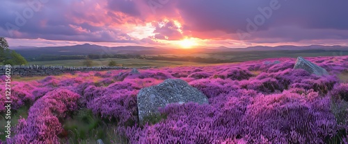 Panorama at Twilight over Rothbury Heather, situated on the terraces, provides views across the Coquet Valley to the Simonside and Cheviot Hills, with heather carpeting the hillside in summer photo