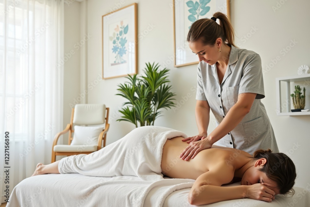 A professional massage therapist gently working on a client's back in a serene setting. The background features plants and calming artwork on the walls A professional massage therapist gently working on a client's back in a serene setting. The background features plants and calming artwork on the walls