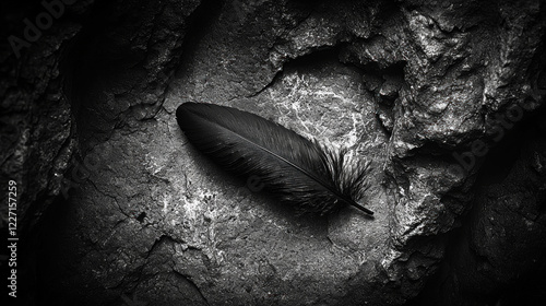 Black feather on dark rocks, symbolic image of loss or grief