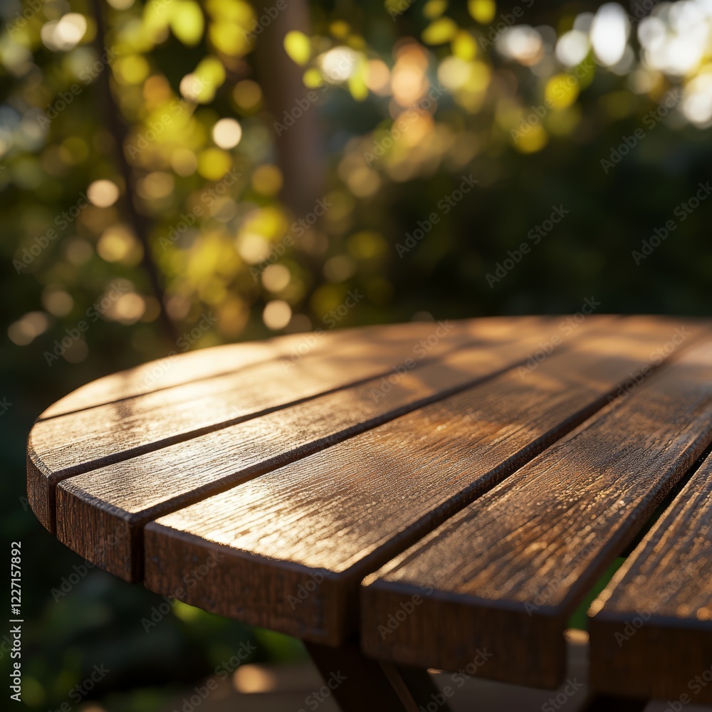 Fototapeta premium Empty round wooden table outdoors in sunlight.
