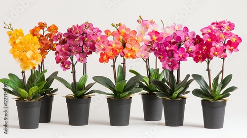 Wallpaper Mural Colorful artificial orchids in pots, studio shot, white background, home decor Torontodigital.ca