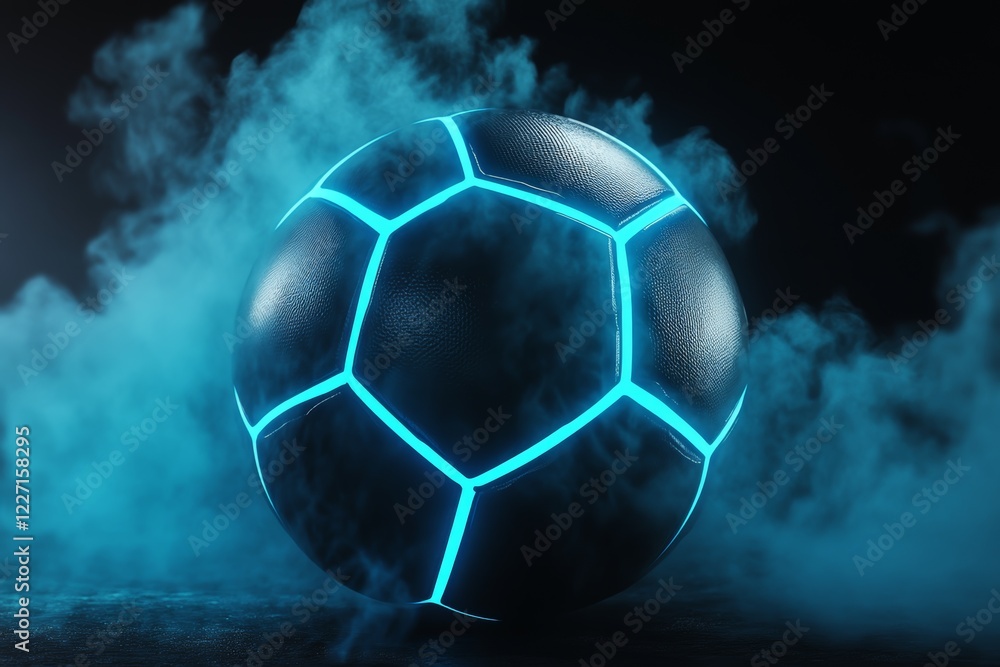 Naklejka premium black soccer ball with bright blue glowing neon lines on black background with smoke