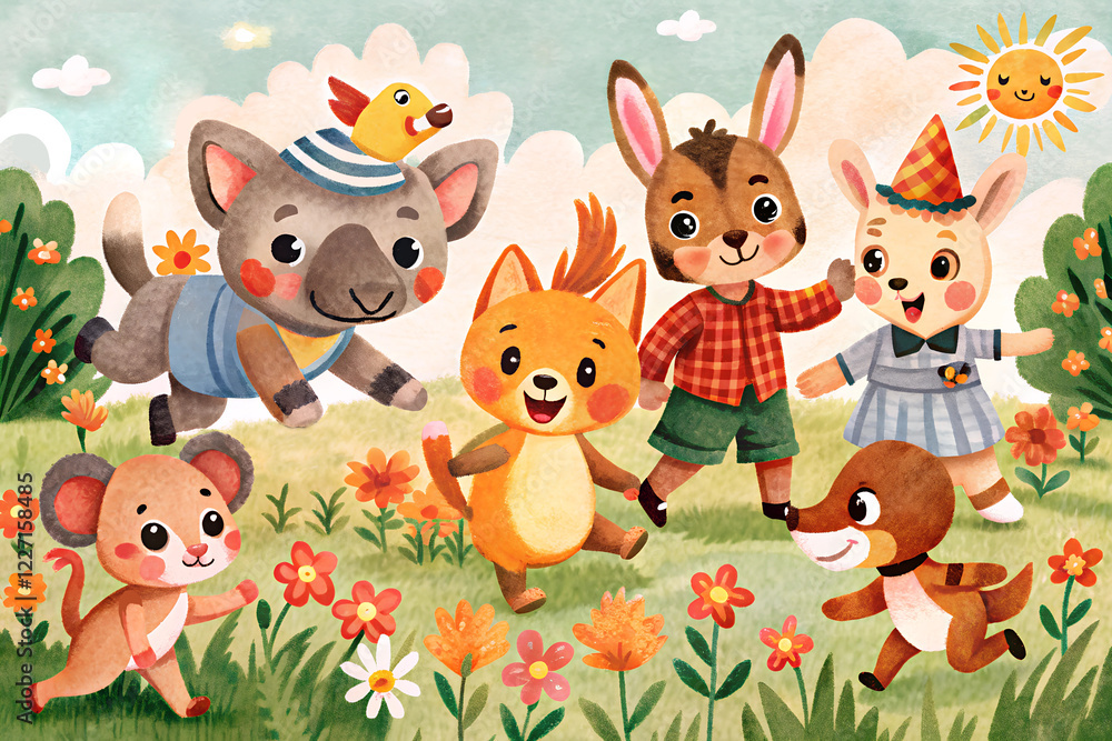 Fototapeta premium Animals playing in the flowers garden