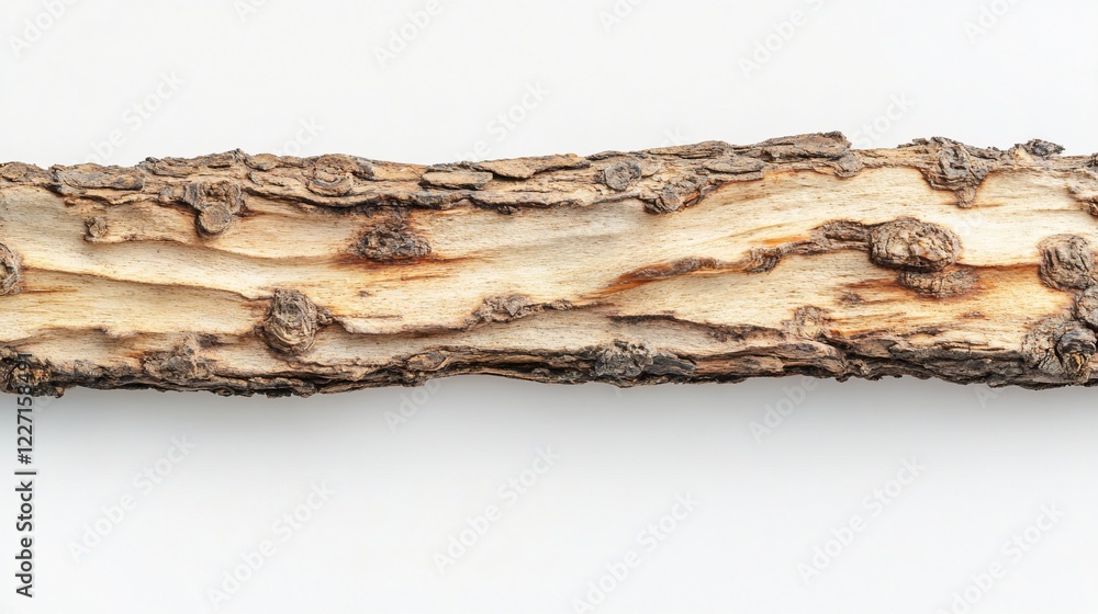 Rustic wood twig, textured bark, white background, natural detail, craft material Rustic wood twig, textured bark, white background, natural detail, craft material
