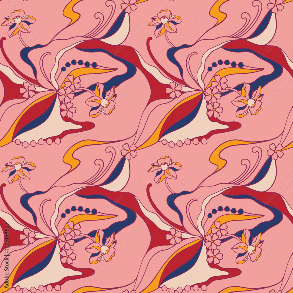 Fototapeta premium Spring floral, abstract, seamless pattern, autumn, floral illustration, red, endless, repeat, print textile, all over print, all over pattern, clothing, packaging, fabric vector artwork