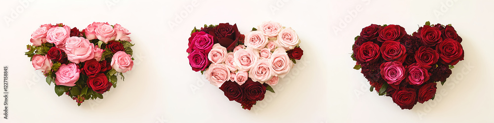 Obraz premium A set of four heart-shaped arrangements made from roses in various shades, including pink and red, arranged on a white background. 