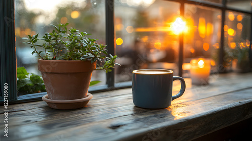 Morning coffee ritual cozy window nook close-up photography warm environment intimate viewpoint serenity and comfort in everyday moments
