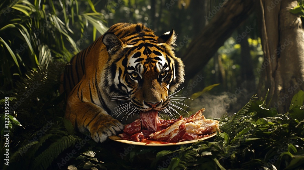 Tiger eating meat jungle foliage wildlife Tiger eating meat jungle foliage wildlife