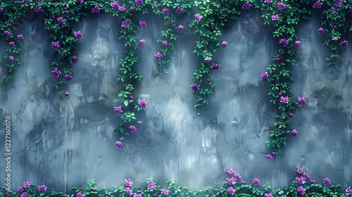 A serene wall adorned with purple flowers and lush green vines.