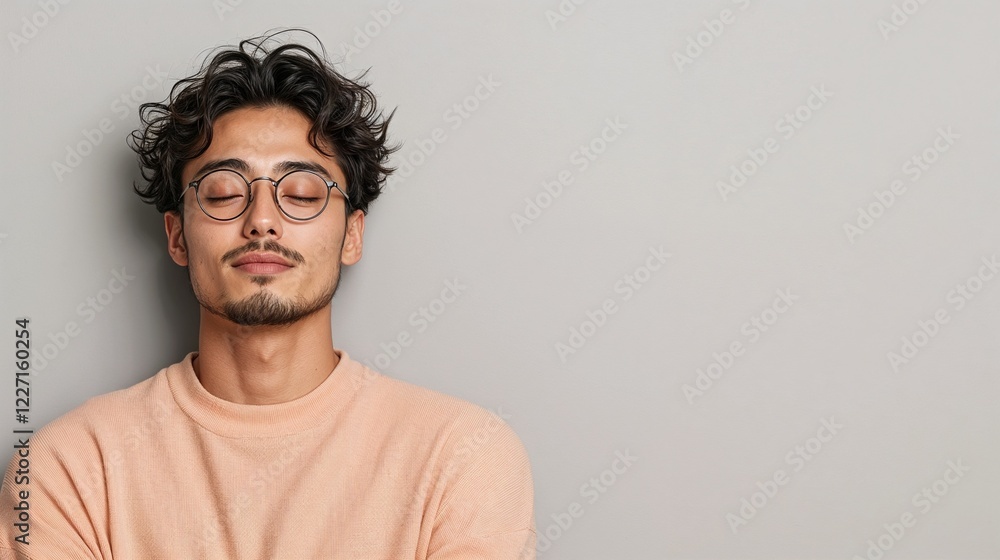 Fototapeta premium Calm young man in glasses with closed eyes against gray background.