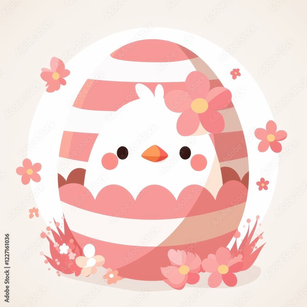 Adorable Chick in Pink Striped Easter Egg with Spring Flowers Adorable Chick in Pink Striped Easter Egg with Spring Flowers