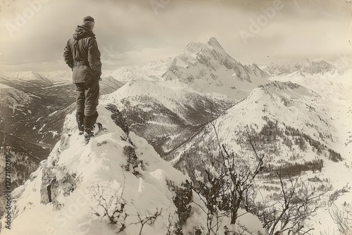 A collection of black and white photographs includes a sepia-toned skier using wooden skis
