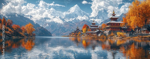 Incredible Himalayas. Spectacular vista from the lakeside at the base of the majestic Annapurna mountain range