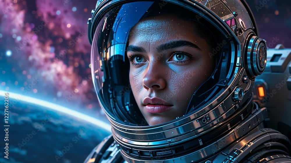 A close-up shot captures a futuristic astronaut, their reflective helmet partially lifted to reveal piercing eyes and a focused expression. A close-up shot captures a futuristic astronaut, their reflective helmet partially lifted to reveal piercing eyes and a focused expression.