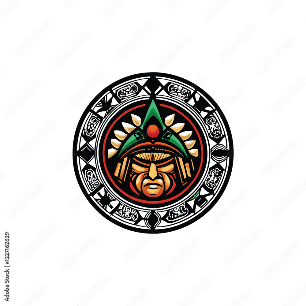 Obraz premium Design a striking logo featuring a stylized Aztec warrior's face, incorporating traditional motifs.