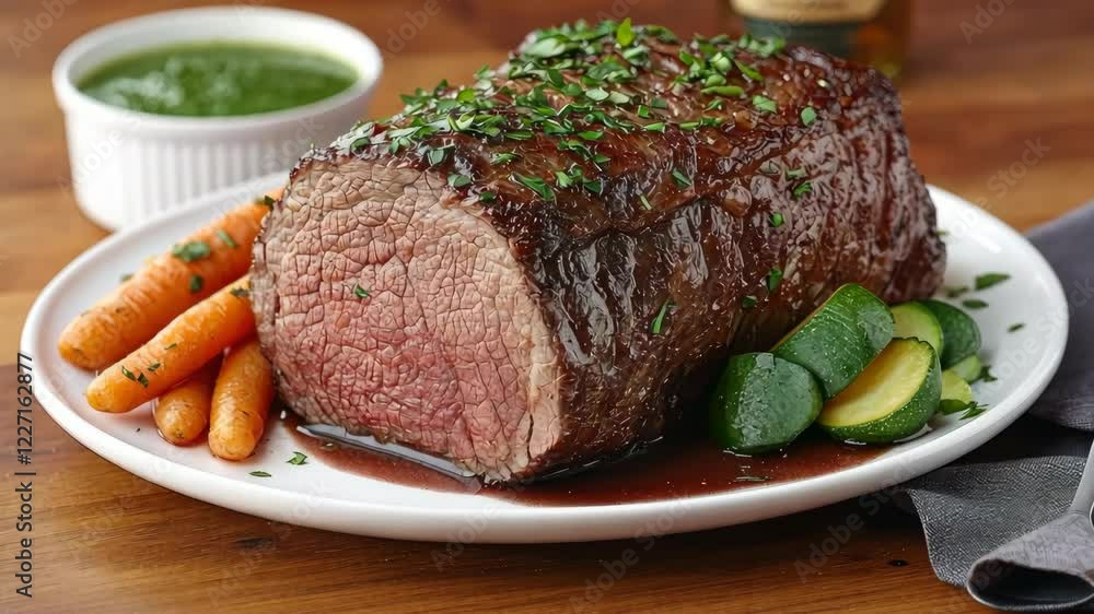 Savor perfectly cooked roast beef paired with vibrant carrots and zucchini drizzled with a rich sauce and herbs Savor perfectly cooked roast beef paired with vibrant carrots and zucchini drizzled with a rich sauce and herbs