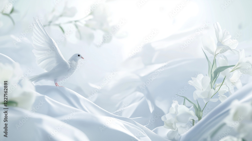 Obraz premium White dove and flowers in soft light, white swan on the water 