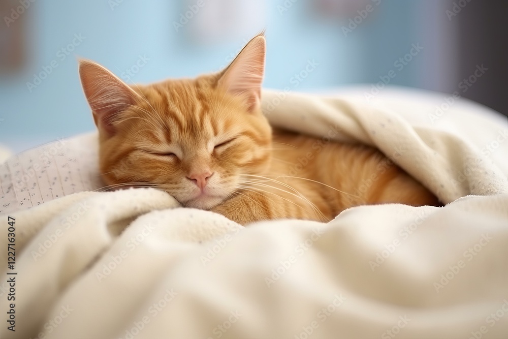 Ginger kitten sleeping under a soft white blanket in bed Ginger kitten sleeping under a soft white blanket in bed