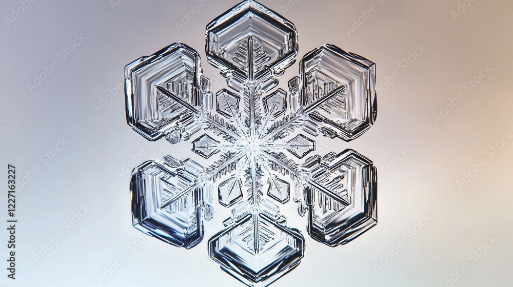 Fototapeta premium Intricate snowflake macro shot, winter, studio, blurred background, holiday card