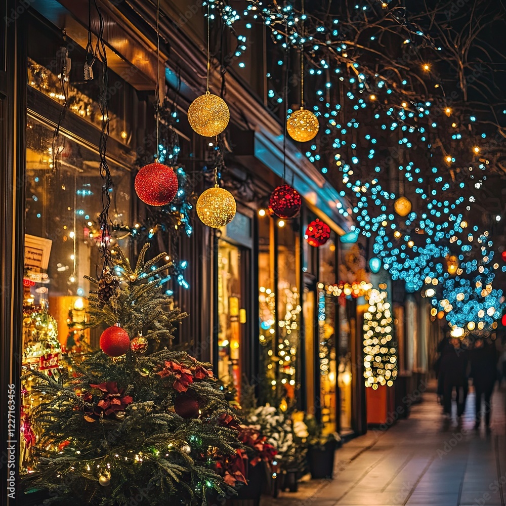 Vibrant holiday storefronts decorated with festive lights. Vibrant holiday storefronts decorated with festive lights.