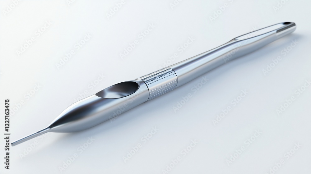 Sleek silver medical laser pen on white background, sterile environment, medical procedure Sleek silver medical laser pen on white background, sterile environment, medical procedure