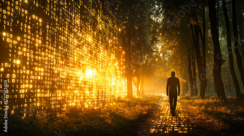 Man's figure walking in environment created of digital and natural details photo