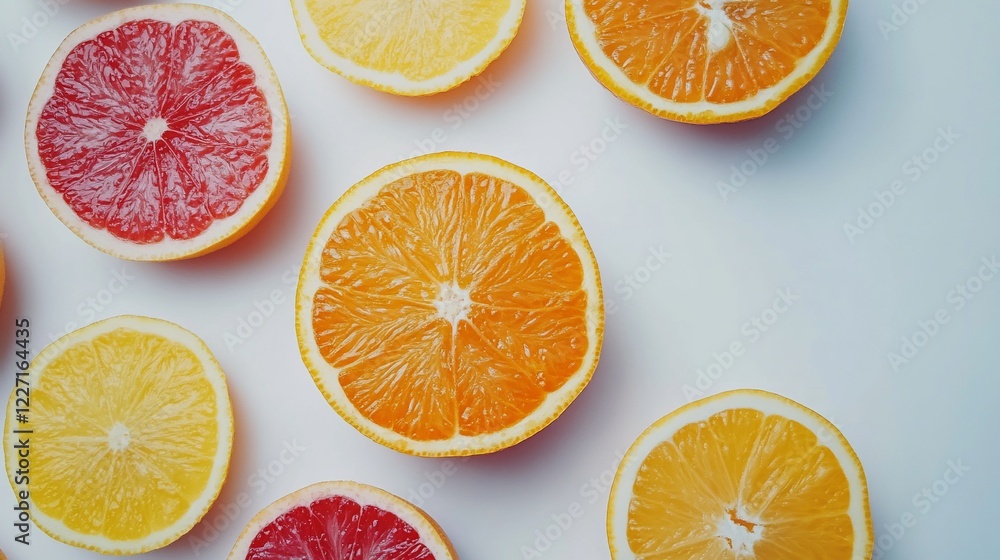 Citrus fruit slices arranged on white background, overhead shot, healthy food concept Citrus fruit slices arranged on white background, overhead shot, healthy food concept