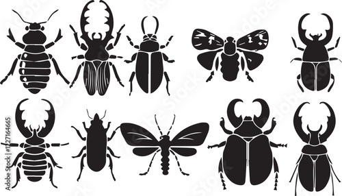 A set of insects silhouettes for flat design. Hand drawn vector illustration