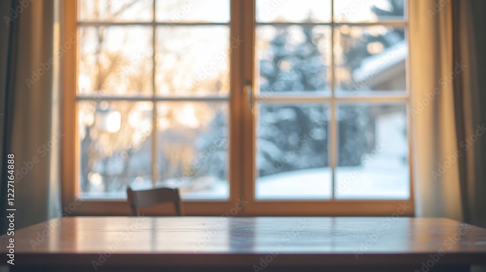 Fototapeta premium A wooden table in front of a window showing a winter scene, bokeh effect