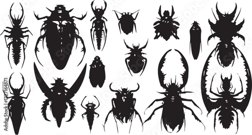 A set of insects silhouettes for flat design. Hand drawn vector illustration