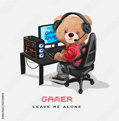 gamer slogan with grumpy bear doll and desktop setup vector illustration