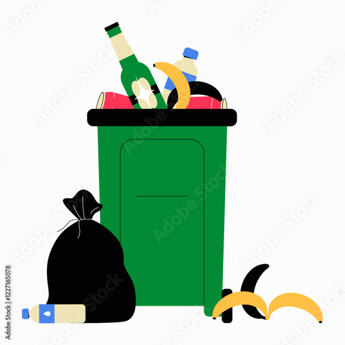 Waste Management, Trash Overflow, And Environmental Pollution. Flat Vector Illustration About Improper Waste Disposal, Recycling Issues, And Urban Pollution, Isolated On White Background.