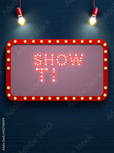 Red retro sign board with glowing light bulb frame on dark blue brock wall. Realistic 3d vector vintage circus pr cinema announcement marquee border. Casino or theater show time blank signage box. photo