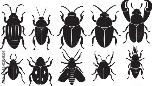 A set of insects silhouettes for flat design. Hand drawn vector illustration