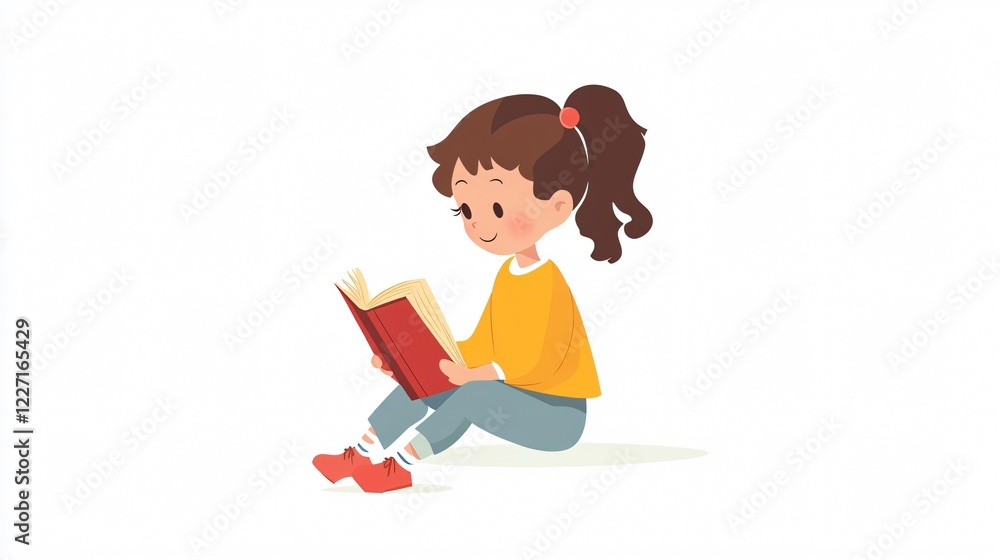 Young Girl Engrossed in Reading Book - Flat Vector Illustration Young Girl Engrossed in Reading Book - Flat Vector Illustration