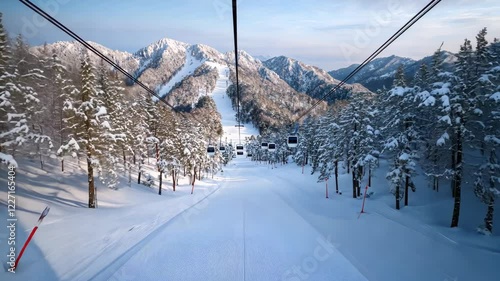 Wallpaper Mural Enjoy a scenic ride on a ski lift, surrounded by majestic snow-capped mountains and dense trees under a bright blue sky Torontodigital.ca