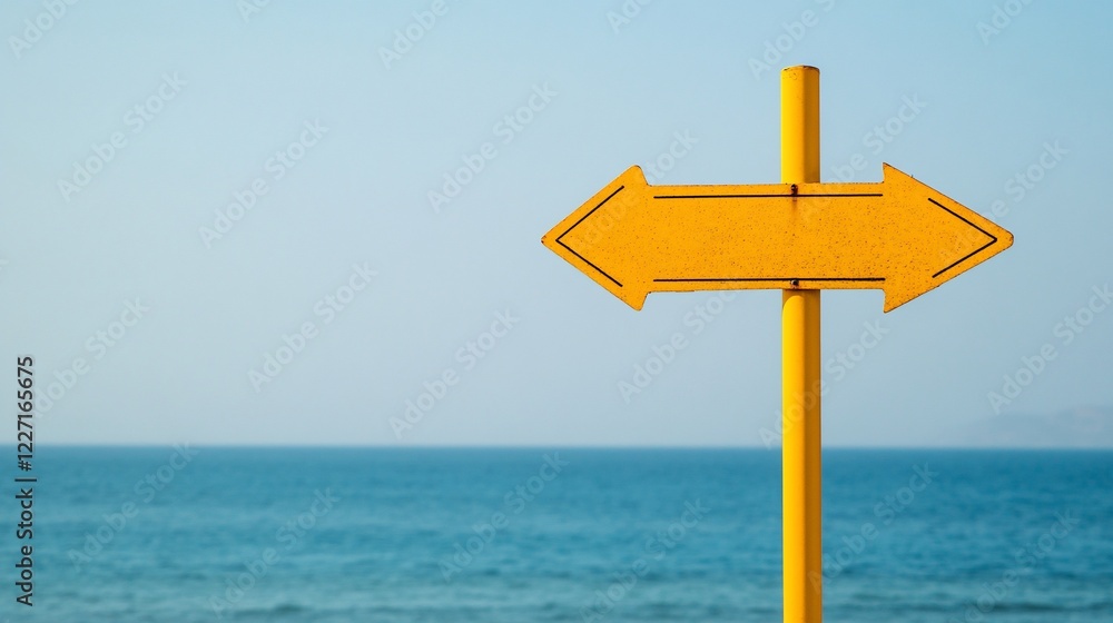 Yellow beach signpost, ocean background, choice, direction Yellow beach signpost, ocean background, choice, direction