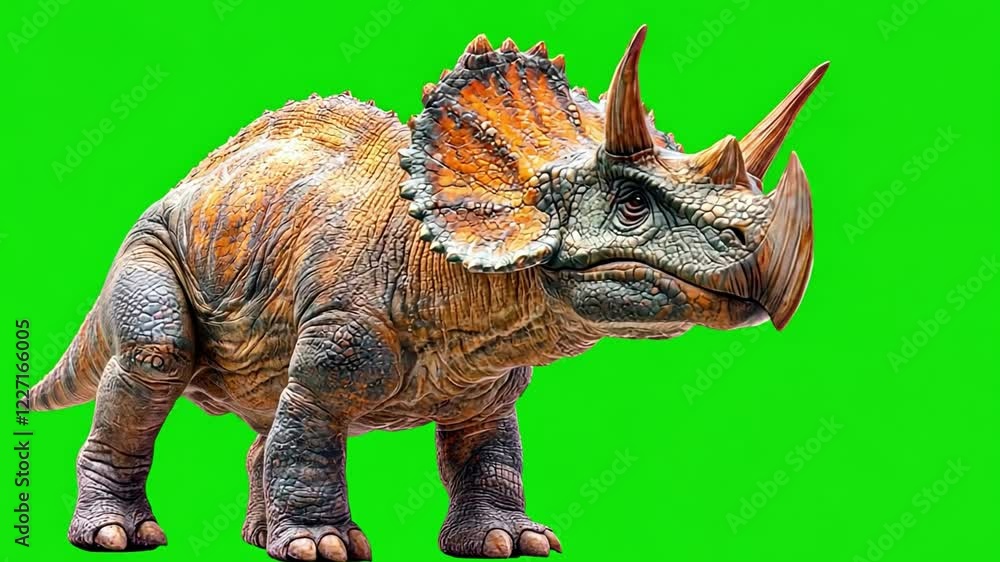 Triceratops on Green Screen: A formidable Triceratops dinosaur with three horns and a frill stands on a green screen, ready for your creative edits. Triceratops on Green Screen: A formidable Triceratops dinosaur with three horns and a frill stands on a green screen, ready for your creative edits.