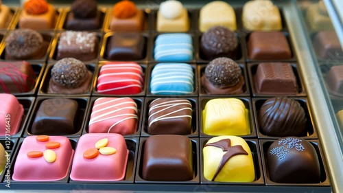 Assortment of artisanal chocolates displayed in a shop showcasing various flavors and designs