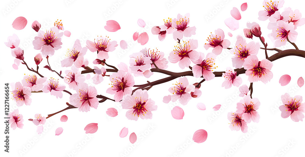 Cherry blossom petals floating in the air, pink cherry blossoms against a white background, in a flat illustration style, high resolution, and high definition. Cherry blossom petals floating in the air, pink cherry blossoms against a white background, in a flat illustration style, high resolution, and high definition.