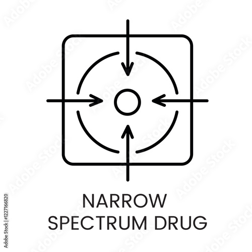 A square icon with converging arrows and a central target, representing focus in narrow spectrum drugs, in vector style, with an editable stroke