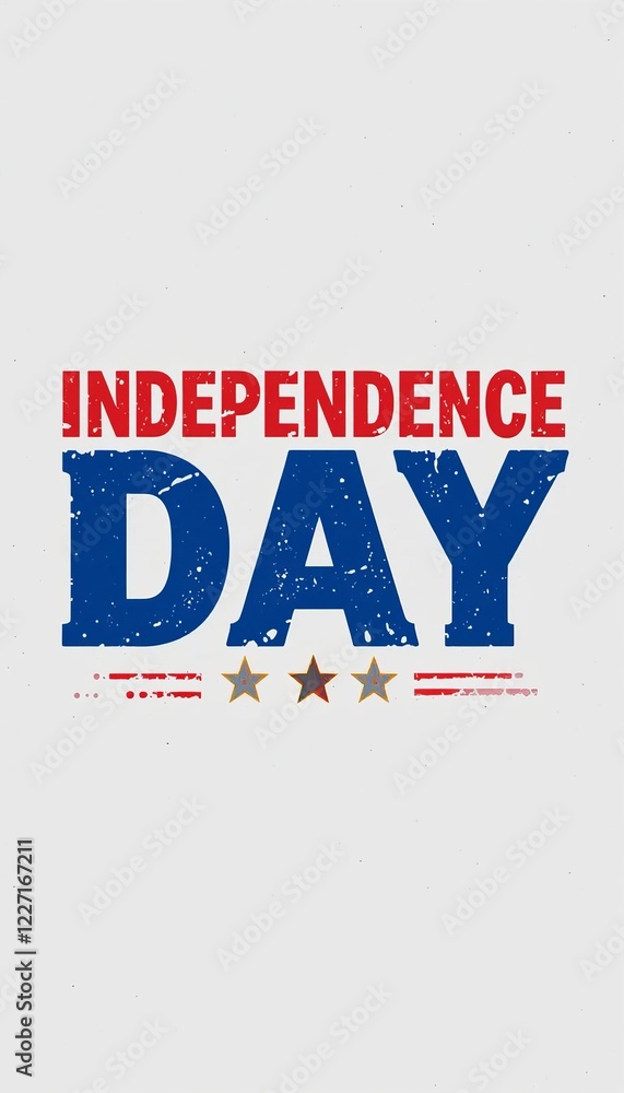 Fototapeta premium A stylized Independence Day banner with bold red, white, and blue typography and a waving American flag, placed on a white background with ample empty space above and below for text